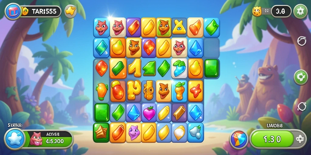 Screenshot TAR555 menampilkan gameplay Match-3 yang dinamis dan penuh warna.
